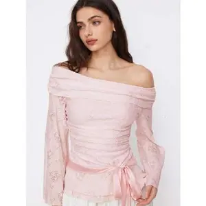 CIDER - Lace Off-shoulder Floral Knotted Ruched Long Sleeve Top