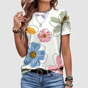 Flamingal Floral Print Round Neck Short Sleeve T-Shirt Summer Vibes