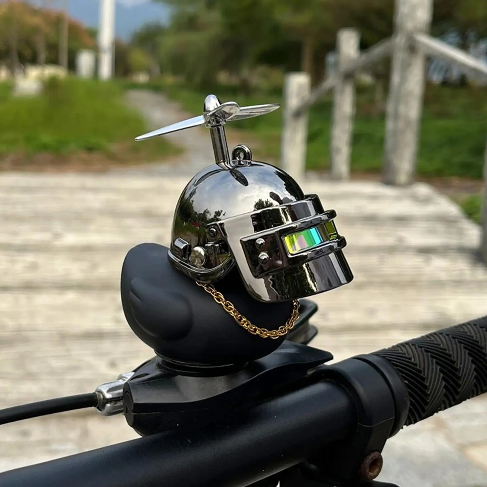 Car Ornaments Bicycle Horns Squeeze Black Duck with Straps Helmet, Silicone Elasticity Belt Bike Bell Motorcycle Handlebar Decor