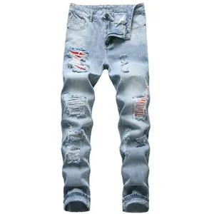 Men Ripped Jeans, Slim Fit Straight Leg, Denim Pants With Holes