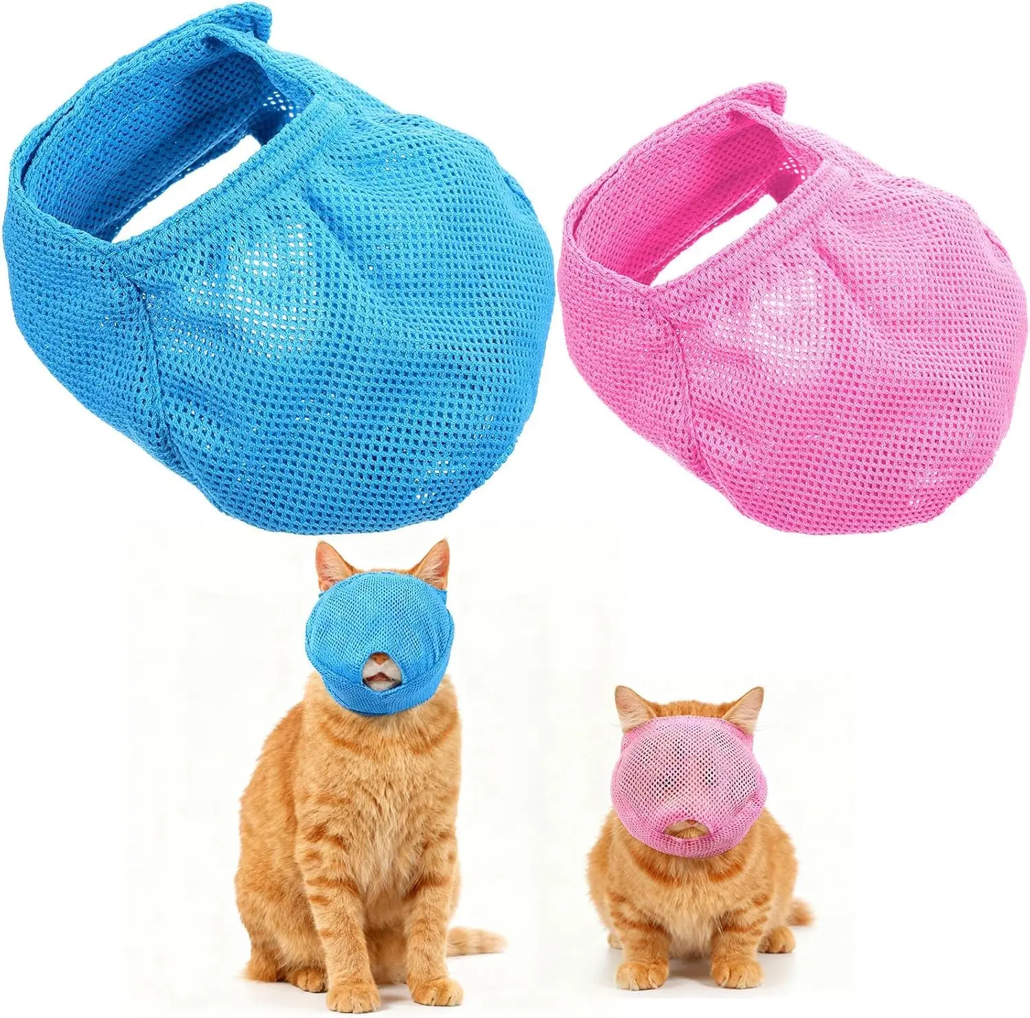 Cat Muzzles (2 Pieces, Small Pink Solid Colors, All Seasons), Foldable L Blue Polyester Mesh Breathable Design with Adjustable Straps & Soft Cover, Anti-Bite Anxiety-Calming Tool for Grooming & Bathing, Calms Anxiety