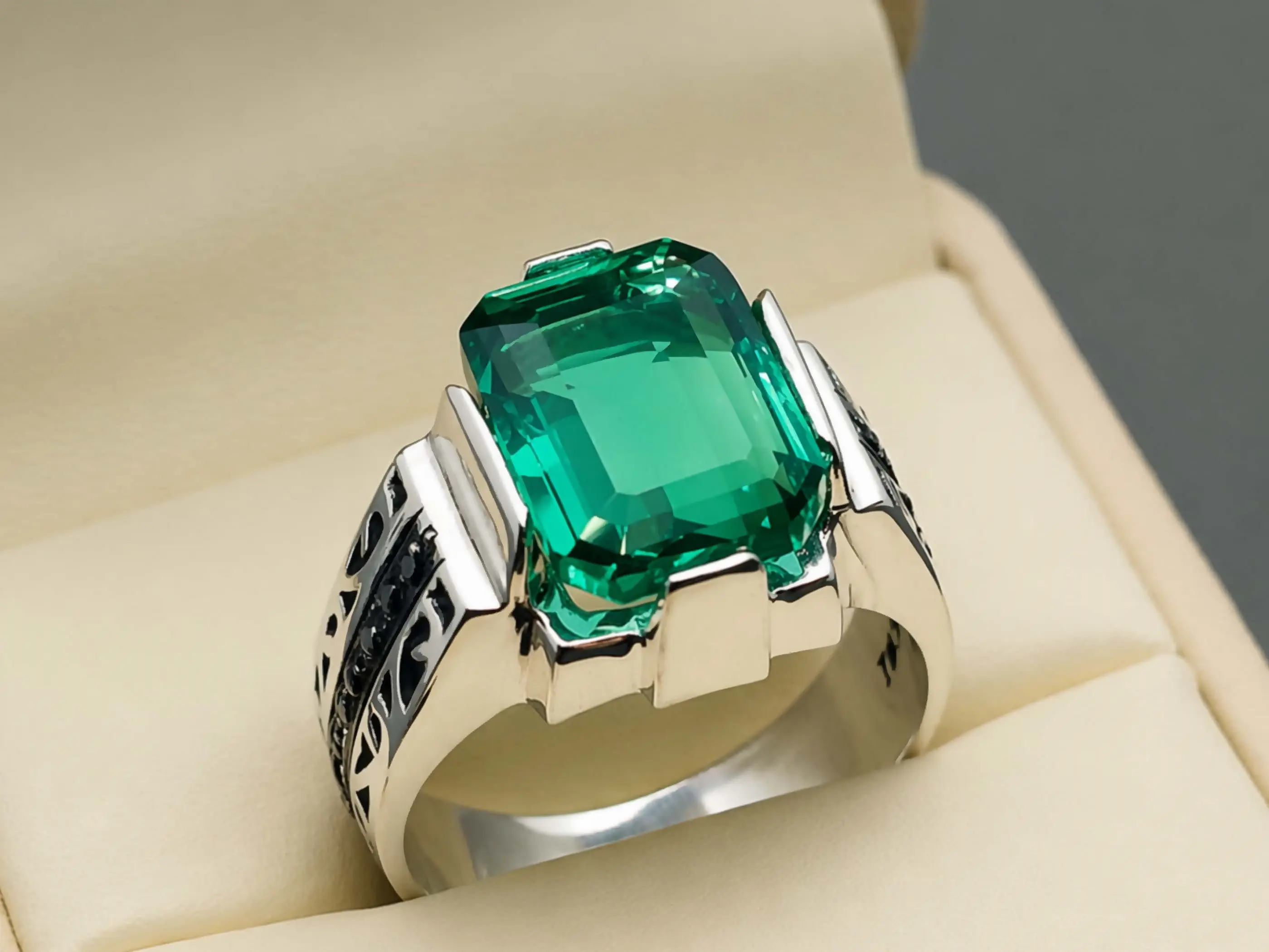 Emerald Cut Deep Green Created Emerald Men Engraved Ring Sterling Silver 925 Handmade Zamurd Square Elegant Ring