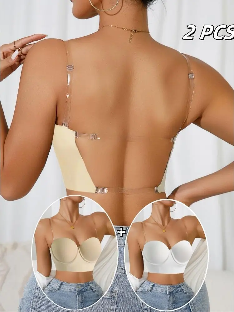 2 Packs Women Deep U Backless Push Up Bra With Adjustable Clear Invisible Straps Seamless Support Lingerie For Wedding Prom Backless Dresses
