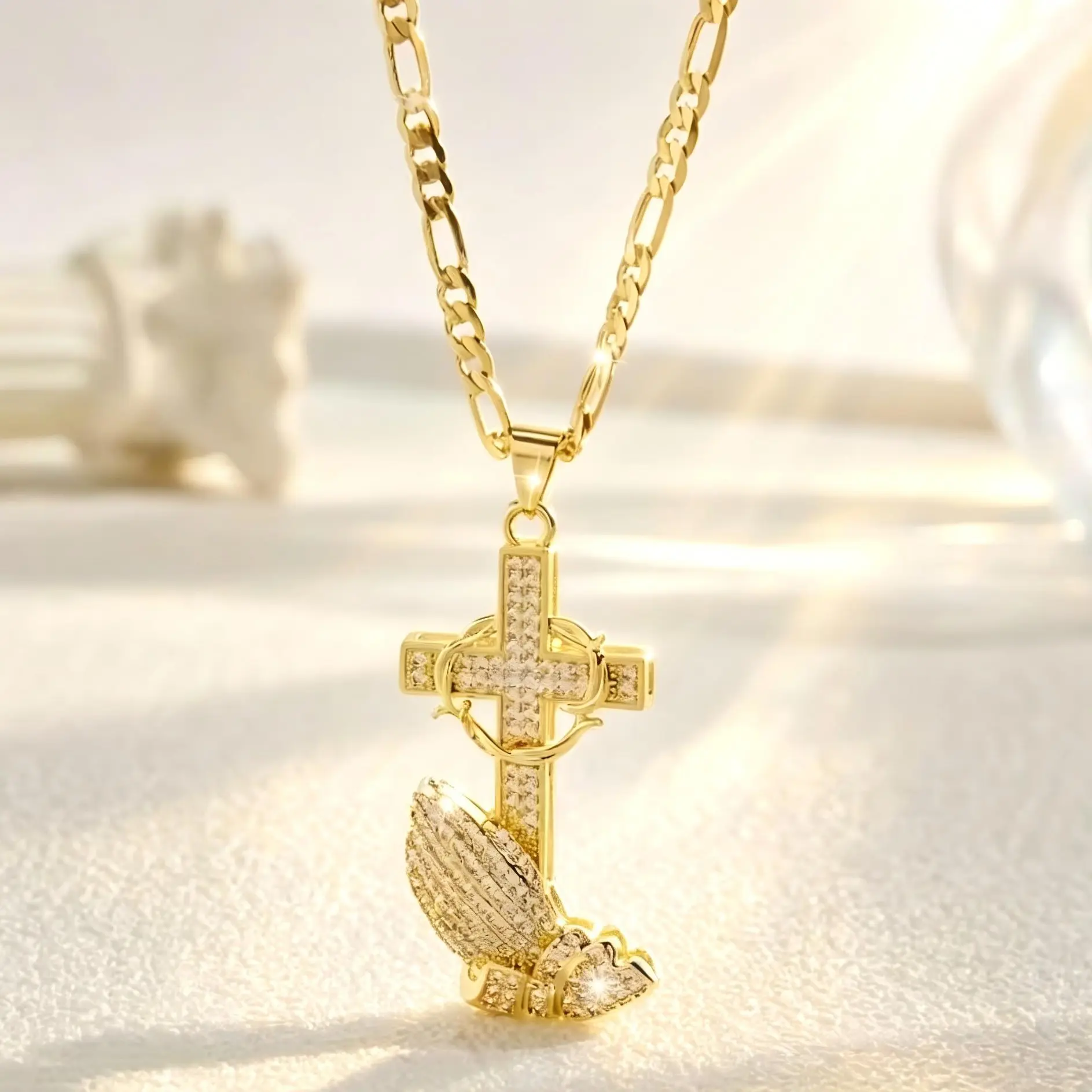 14K Gold Plated Cross Necklace for Women Men Iced Out CZ Angel Wing Heart Pendant Religious Christian Jewelry Baptism Confirmation Gift for Her Him