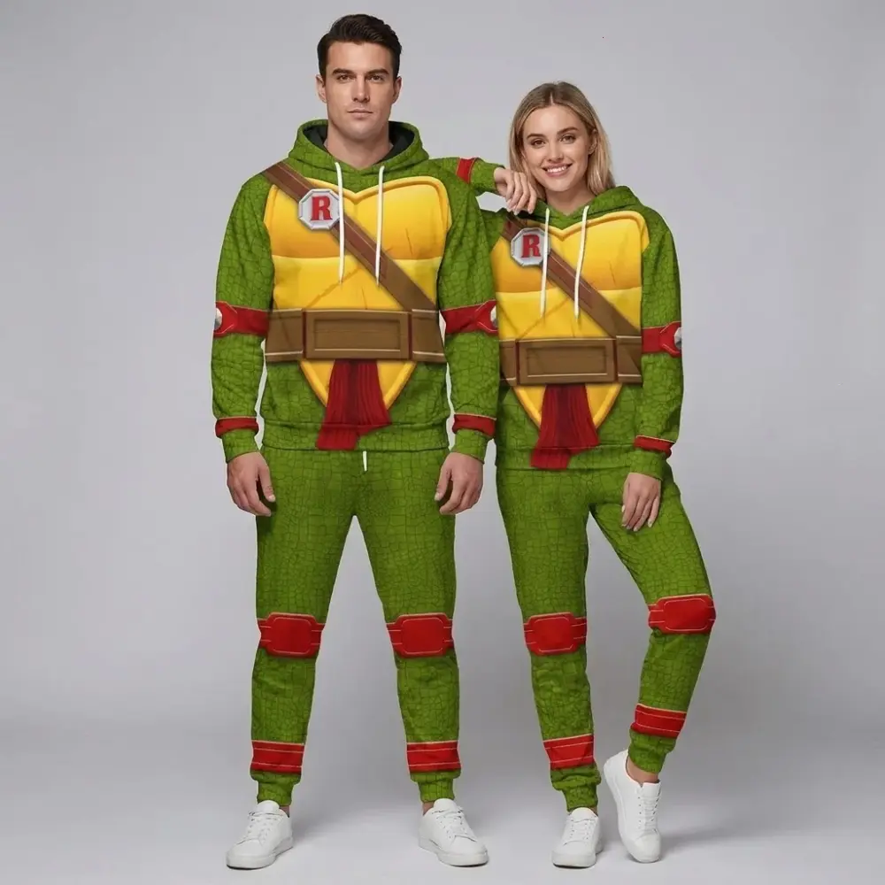 Raphael Teenage Mutant Ninja Turtles Hoodie and Sweatpants Set, Green Turtle Costume Tracksuit with Red Belt Details, Yellow Shell Chest, Gift for TMNT Fans and Cosplay Lovers