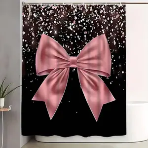 Elegant Bowknot Shower Curtain Set, Waterproof Polyester Bathroom Decor, Includes 12 Hooks, Non-Slip Mat, U-Shaped Rug, Toilet Seat Cover, Bathroom Decoration Accessories