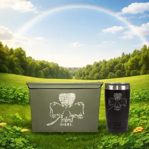 Free gift with purchase (XL- clover t-shirt) Laser Engraved "Clover Skull"  Combo; Grade 1 50 Cal Ammo Can, Laser Engraved Black "Clover Skull" Tumbler