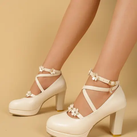 New Summer-Autumn Flower Strap Thick Heel Mary Jane Shoes, Waterproof Platform Lolita High Heels for Women, Casual PU Leather Rubber Sole, Platform Mary Janes