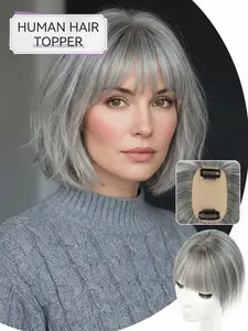 Hair Toppers for Women Short 5*9 Hair Pieces for Thinning Hair Side Part Hair Toppers For Women Real Toppers With Bangs Covers Gray Handmade Topper Hairpiece Silk Base Adds Volume Human Hair Toppers For Women Straight Topper with Bangs