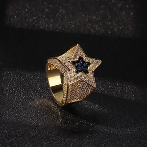 [ICE HUE]18K Gold Vacuum Plated Copper with 5A+ Sri Lanka Zircon Sapphire Stars Ring Miami Italy Mexico & Micro Inspired for Women & Men Luxury Jewelry,Daily Wear,Casual Fashion,Gift Idea,,Classic,Hip Hop,Simple,Sporty Style