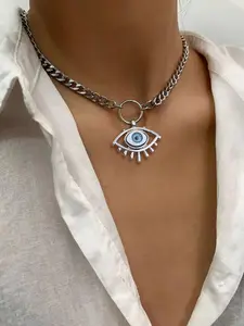 Trendy Devil Eye Pendant Necklace, Rhinestone Design, Stainless Steel Chain, Casual Style, All Seasons, Unisex Fashion Jewelry, Exquisite Chain Jewelry, Elegant Rhinestone Necklace
