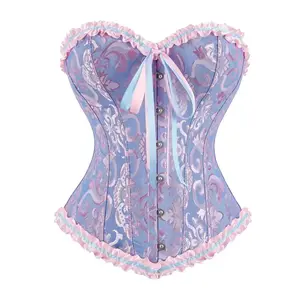Women’s Lace-Up Boned Overbust Corset Bustier Lingerie Bodyshaper Top Halloween Costumes Shapewear Gothic Party Outfit Floral Blue Witchy Clothing 819AJ-D3