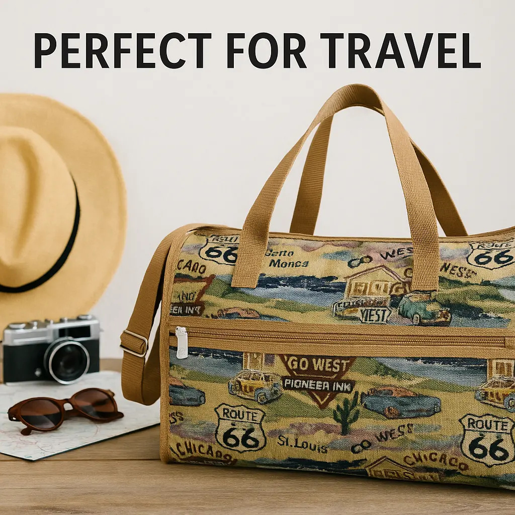 Route 66 Classic Explorer Duffel Bag with Adjustable Shoulder Strap and Multiple Zippered Compartments