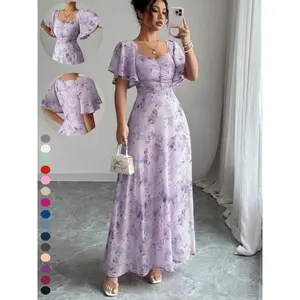 Women's Chiffon Batwing Sleeve Dress with Butterfly Print, Pleated Design, Sweet French Style for Summer Fashion