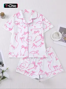 【Valentine's Day】Women's Spring Summer Sleepwear Set, Bow Floral Print, Romantic Valentine's Day Gift, Comfortable Shirt Collar Top & Loose Elastic Shorts