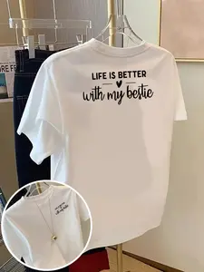 Women’s Cotton Graphic Tee Making Life Better My Best Friend Quote Print Shirt Double Sided Casual Streetwear Soft Breathable Short Sleeve Crewneck Relaxed Fit Everyday Wear Friendship Gift Aesthetic Top