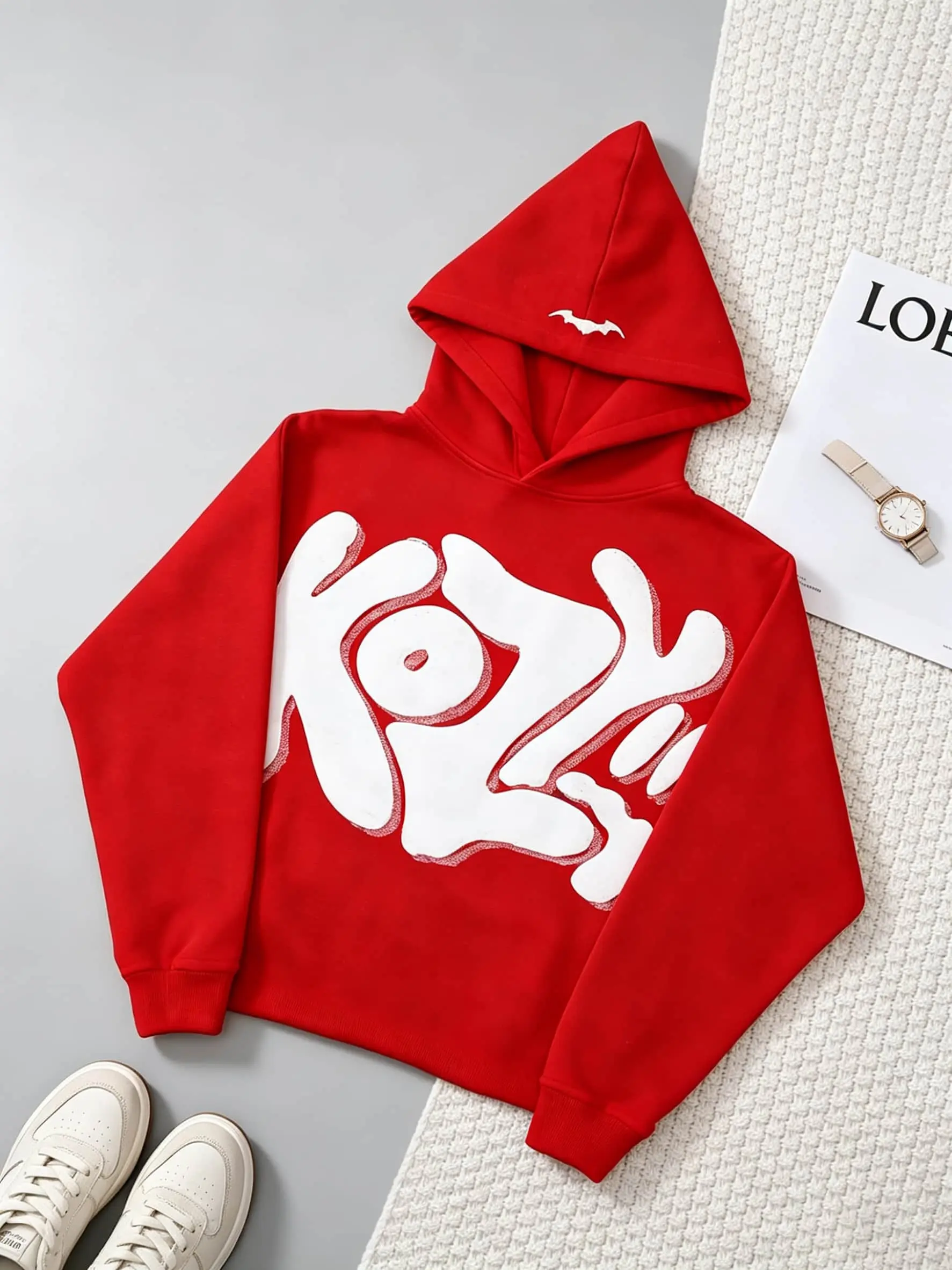 Y2K KOZY Graffiti Hoodie, Men Women Oversized Streetwear Sweatshirt, Gothic Bubble Letter Print Pullover with Bat Detail, Casual Harajuku Style Gamis Operator Jacket Clothes Fashion