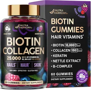 Biotin Gummies with Collagen - Hair Growth Support, Skin, & Nail Strength - for Women & Men - Biotin 10000mcg | Keratin | Hyaluronic Acid | B-Complex | Nettle - Sugar-Free, Mixed Berry, 60 Gummies