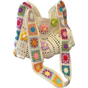Women's Boho Embroidery Crossbody Bag Hollow Out Crochet Knit Shoulder Bag Tote Handbag