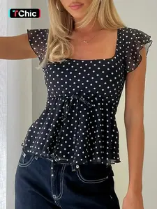 Chiffon Polka Dot Crop Top Women Cute Babydoll Daily Outfit Blouse Summer Tops