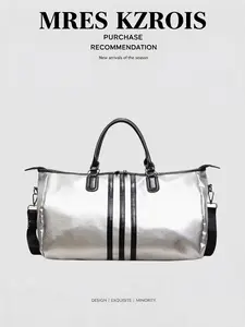 Y2K Style Shiny PU Leather Metal Texture Travel Handbag, Casual Sports Weekend Bag, Multi-Purpose Crossbody with Adjustable Strap