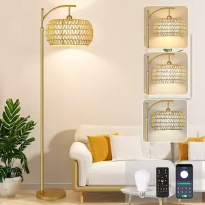 Dimmable Arc Boho Floor Lamp with 3 Color Temperatures & Remote Control, Rattan Standing Lamp with Wicker Shade for Bedroom Living Room Corner