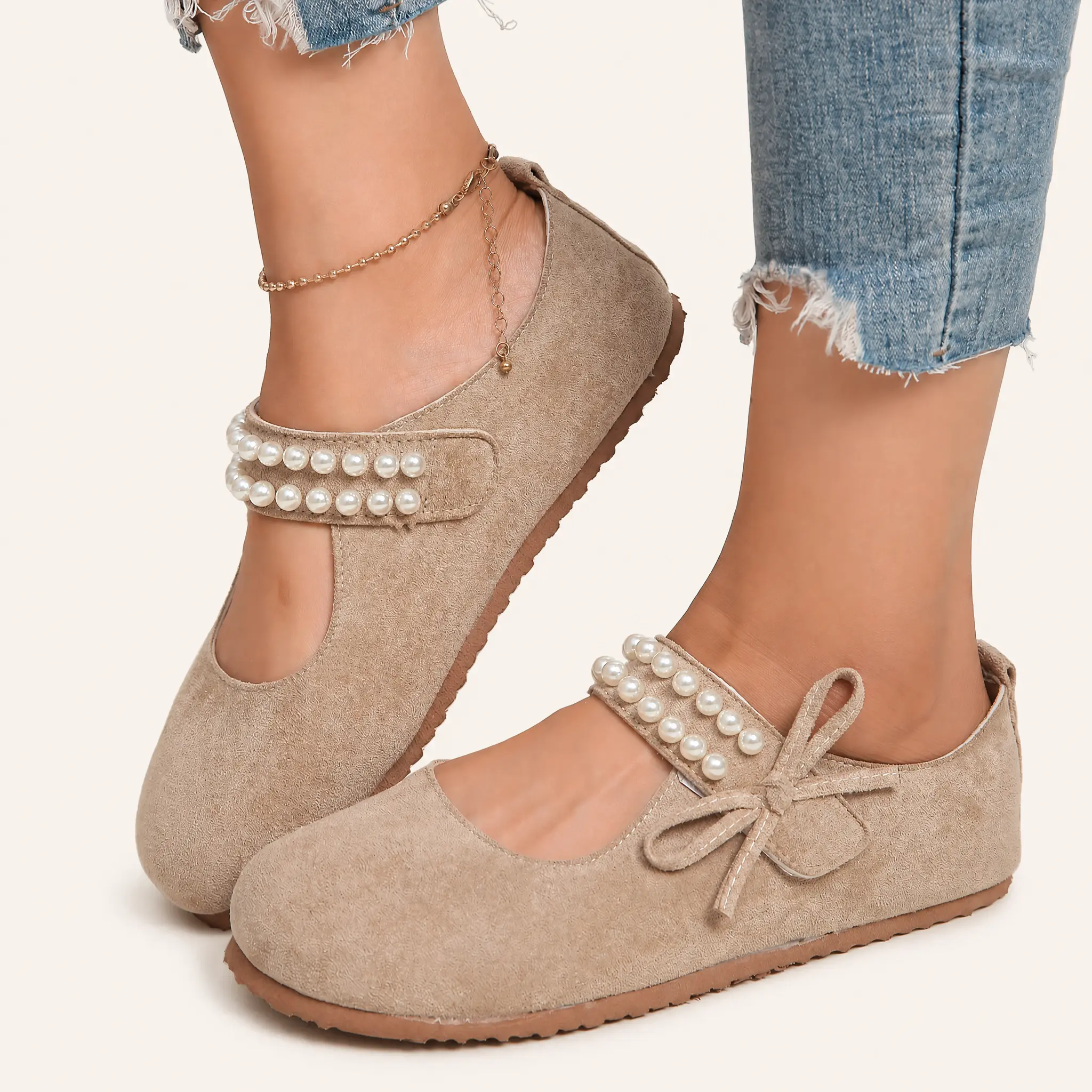 Women's Mary Jane Flats, Faux Leather Slip-On Shoes with Elegant Pearl Strap and Bow, Soft Cushioned Round Toe for Casual Party Wear, Footwear, Classic