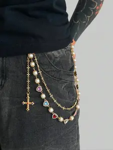 Vintage Glamorous Multi-Color Rhinestone Imitation Pearl Pants Chain, Adjustable Waist Chain, Men's Unique Punk Hip Hop Cross Body Chain for Stylish Decoration, Unique Accessory