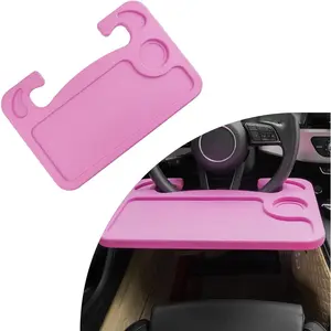 Car Steering Wheel Desk, Multipurpose Auto Steering Wheel Tray with Drink Holder, Steering Wheel Food Tray for Eating, Universal Vehicle Travel Accessories for Constant Travelers (Pink)