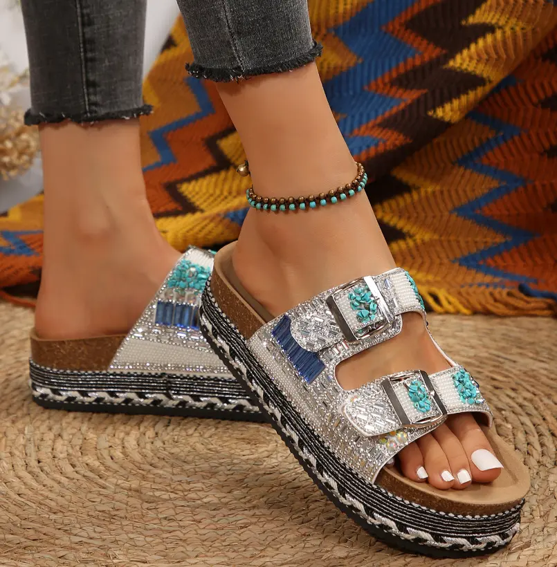 Women's Luxury Rhinestone Platform Sandals - Chunky Block Thick Heel Boho Slides with Adjustable Double Buckle, Comfortable Slip-On Walking Shoes, Shoe, Block Heel, Decor, Double Buckles, Platform Sole, Open Toe, Casual, Boho Shoes