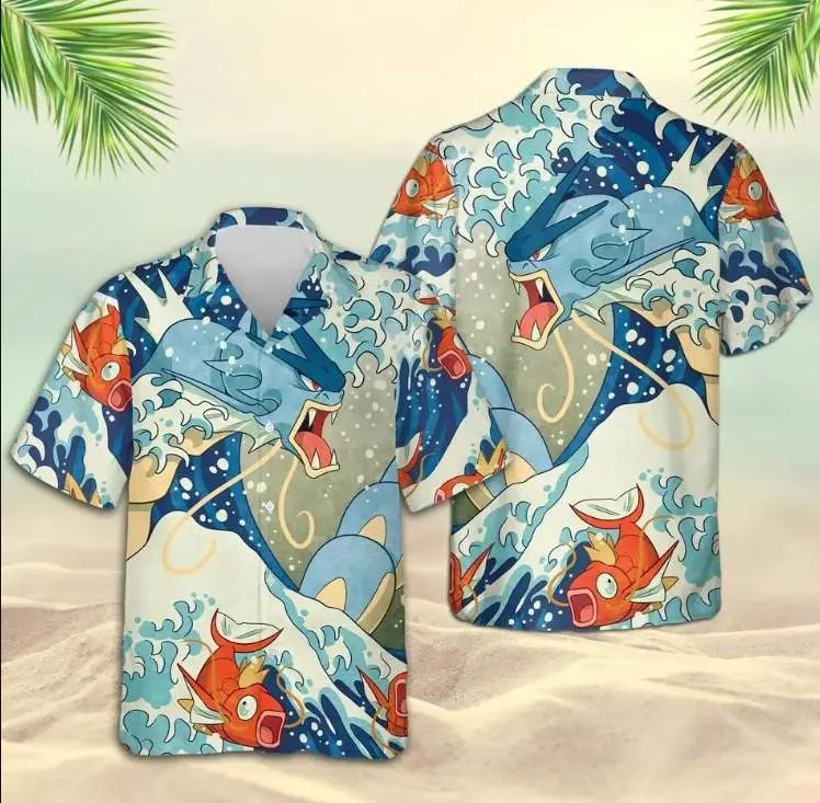Anime Hawaiian Shirts, Poke Beach Shirt, Water Type Aloha, Gift For Him, Poke Lover Y2K Crewneck, Family Trip Shirt