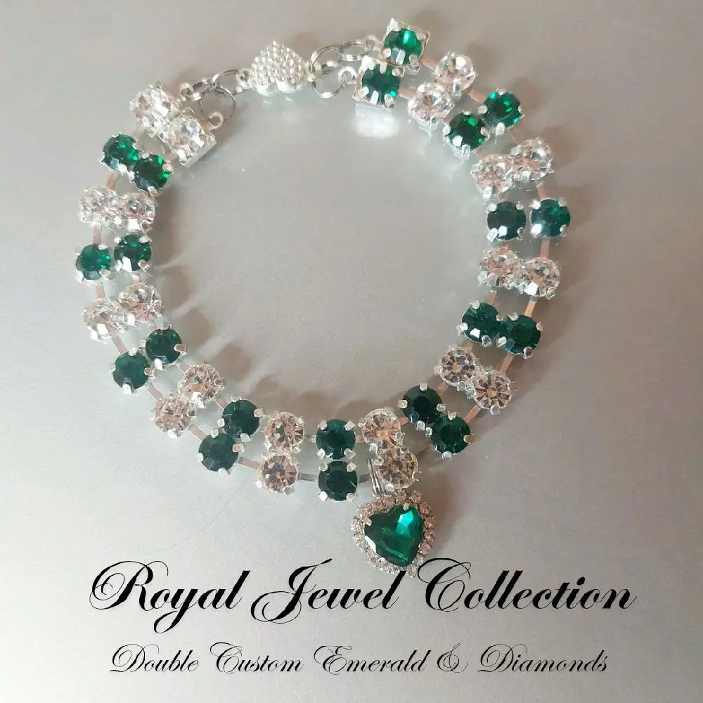 Double 2 Strand Emerald & Diamond Crystal Heart Pet Collar Necklace Magnetic Breakaway Safe for Dogs & Cats