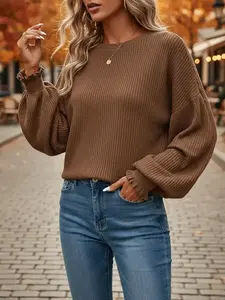 Autumn Winter Round Neck Fashion Elegant Striped Lantern Bubble Sleeve Long Sleeve Knitwear Top, Travel Outdoor Daily Wear Single Piece