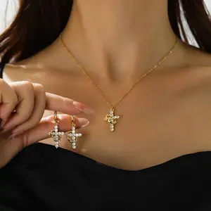 Crown Cross Necklace & Earring Set for Women, Titanium Steel Gold Cross Pendant Jewelry, Necklace Earring Jewelry Set for Women Daily Gift