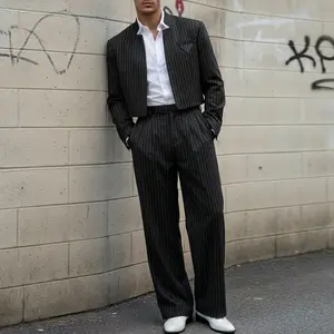 INCERUN Men's Pinstripe 2-Piece Set Cropped Blazer & High Waist Wide Leg Pants Suit
