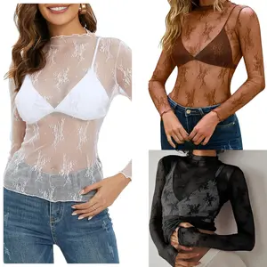 New Spring Summer Womens Mesh Sheer Long Sleeve Coffee Color Layering Top Sexy Y2k Mock Neck Floral Lace See Through Shirt Blouses Top Vintage Style Chiffon