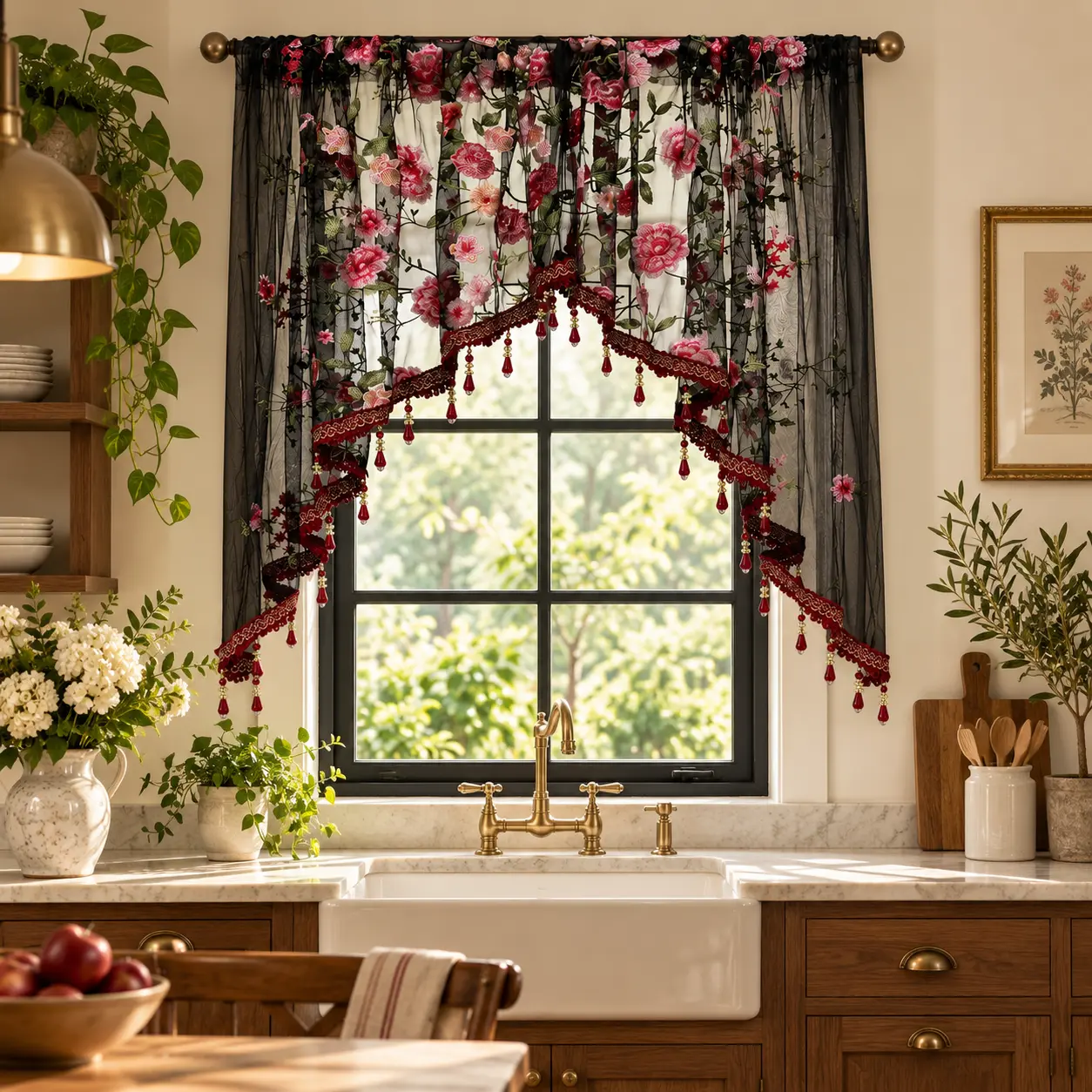Gothic-style floral semi-sheer curtain valance; black embroidered rose window treatment, curtain, and door curtain with beaded fringe trim; vintage and romantic home decor for bedrooms, kitchens, closets, and bedside areas