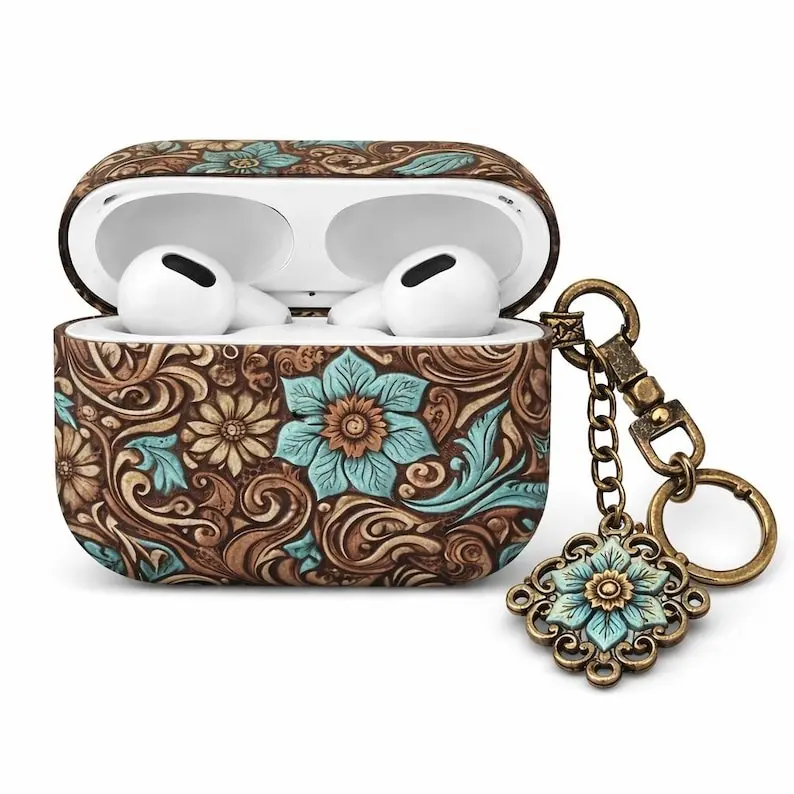Western Floral AirPods Case, Turquoise Tooled Leather Print Style Cover for AirPods Gen 1 2 3 4 & Pro 1 2 3, Mexican Rustic Country Gift For Her, No Keychain
