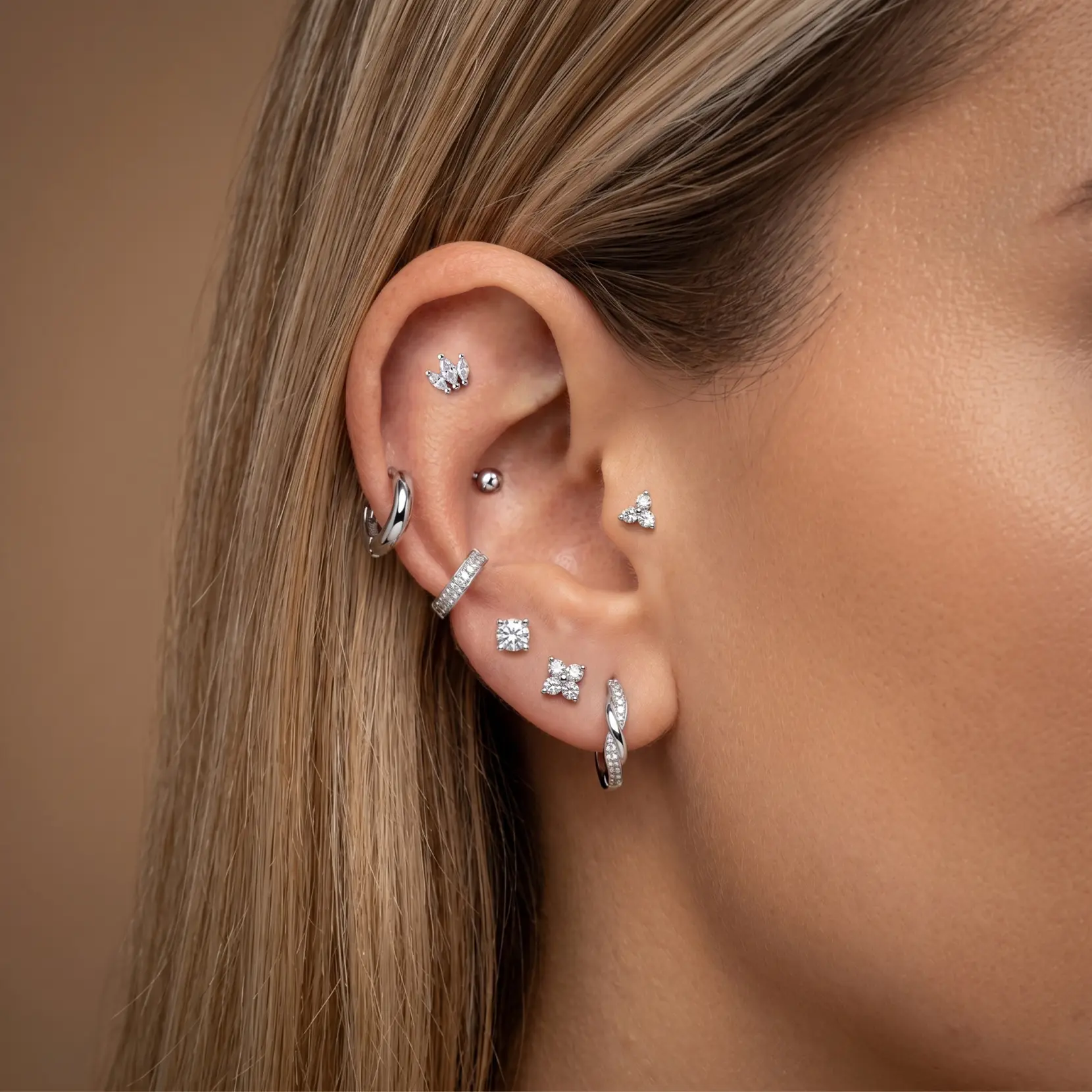 Women's Silver-Plated CZ Earring Set - 8 Pairs of Hoop & Stud Earrings, Hypoallergenic Cartilage Helix Costume Jewelry Gift Set