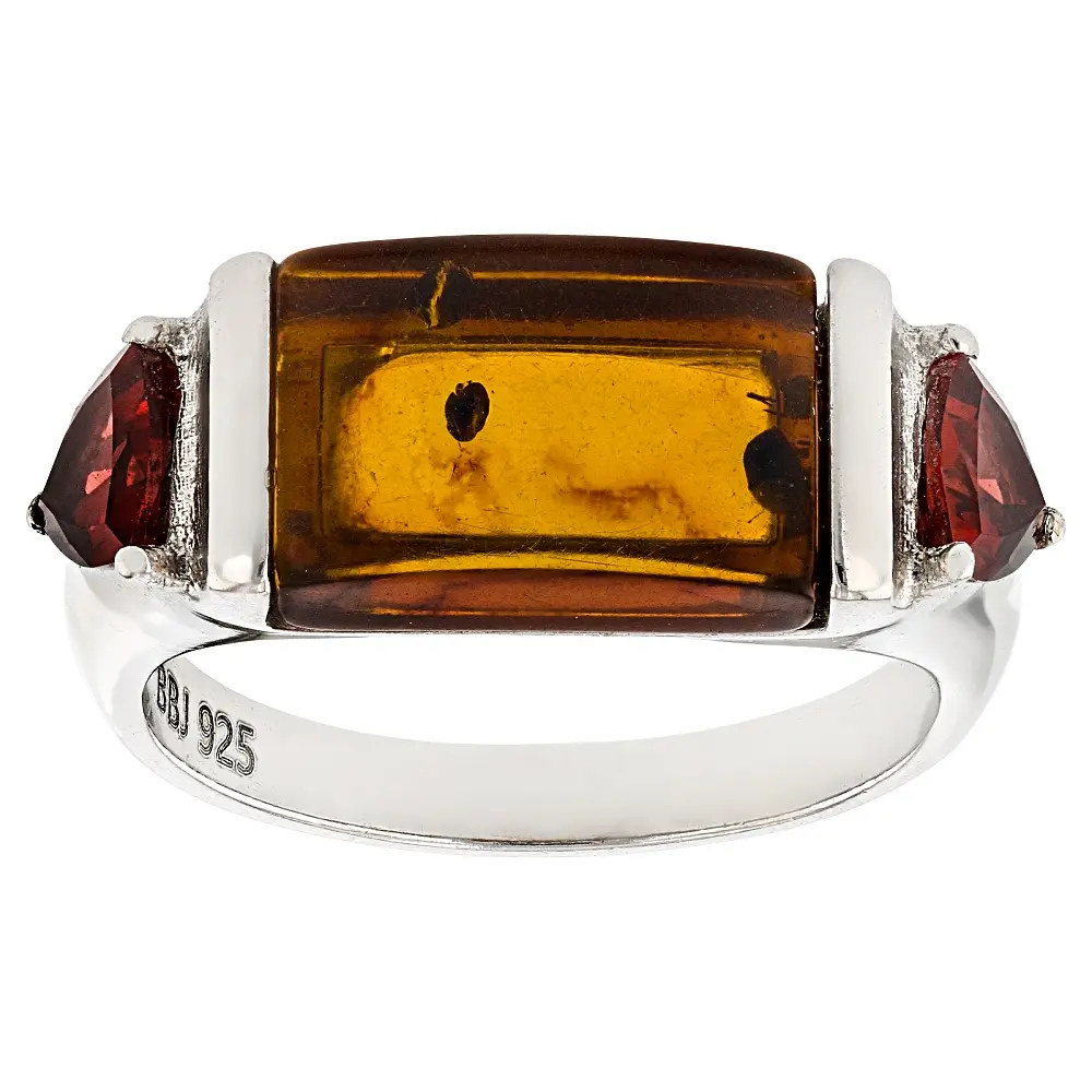 JTV Amber Rhodium Over Sterling Silver 3-Stone Ring 1.06ctw