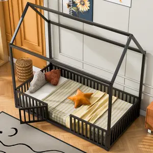 Twin Size House Bed Frame, Twin Floor Bed with Fence, Metal House Bed with Door, Floor Bed for Bedroom, Easy to Assemble