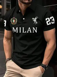 Men's Regular Fit Letter & Horse Print Shirt, Casual Short Sleeve Collared Top for Summer, Fashion Men's Clothes for Daily Wear, Athletic Polo Shirt