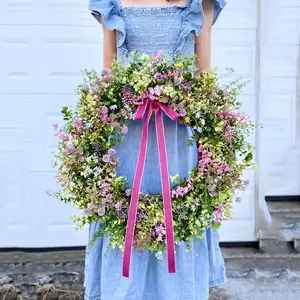 Spring Floral Wreath with Satin Bow, 18 Inch Plant Front Door Wreath, Farmhouse Style Year-Round Home Decor