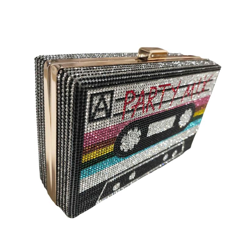 Women Cassette Tape Shape Rainbow Party Crossbody Bag Rhinestone Metal Vintage Evening Clutch Purses