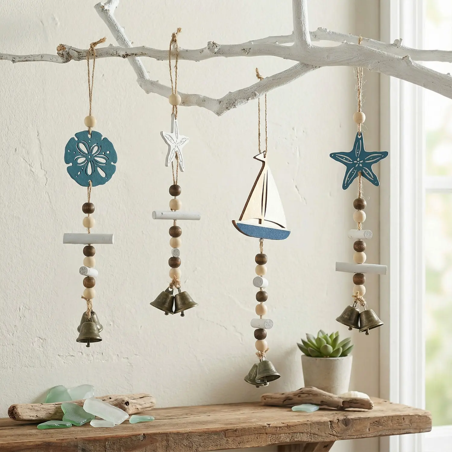 Mediterranean Style Wind Chimes with Wooden Starfish and Blue Shells, Decorative Hanging Bell String for Home and Outdoor Decor, Hanging Bells, Home & Outdoor Decor, Blue Round Shell Bell Hanging String