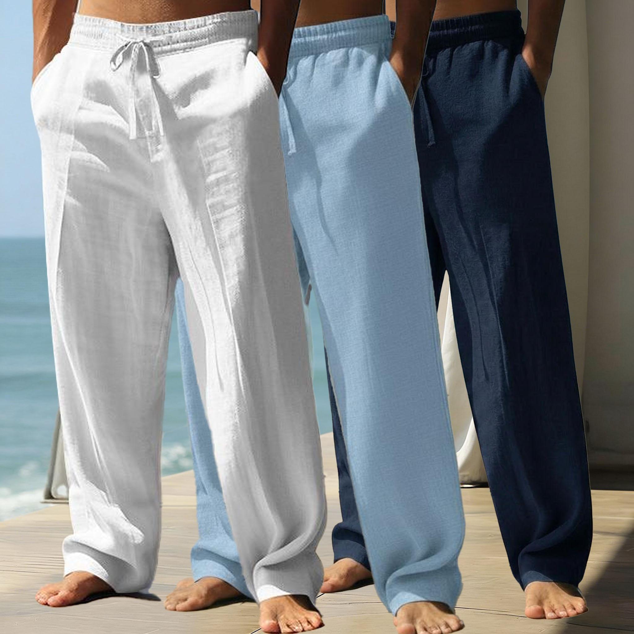 Men&rsquo;s casual long pants with a loose drawstring waist; lightweight polyester fabric; classic straight leg design; breathable and comfortable; suitable for everyday wear, outdoor travel, vacations, and weekend leisure.