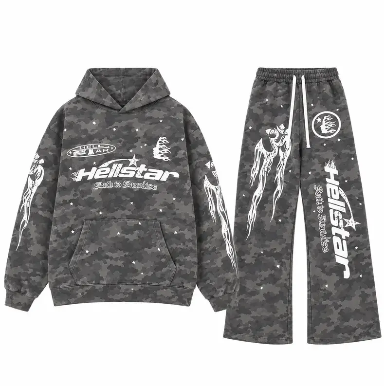 Hellstar Camo Flame Tracksuit Set, Vintage Graphic Hoodie and Sweatpants, Oversized Y2K Streetwear Jogger Outfit