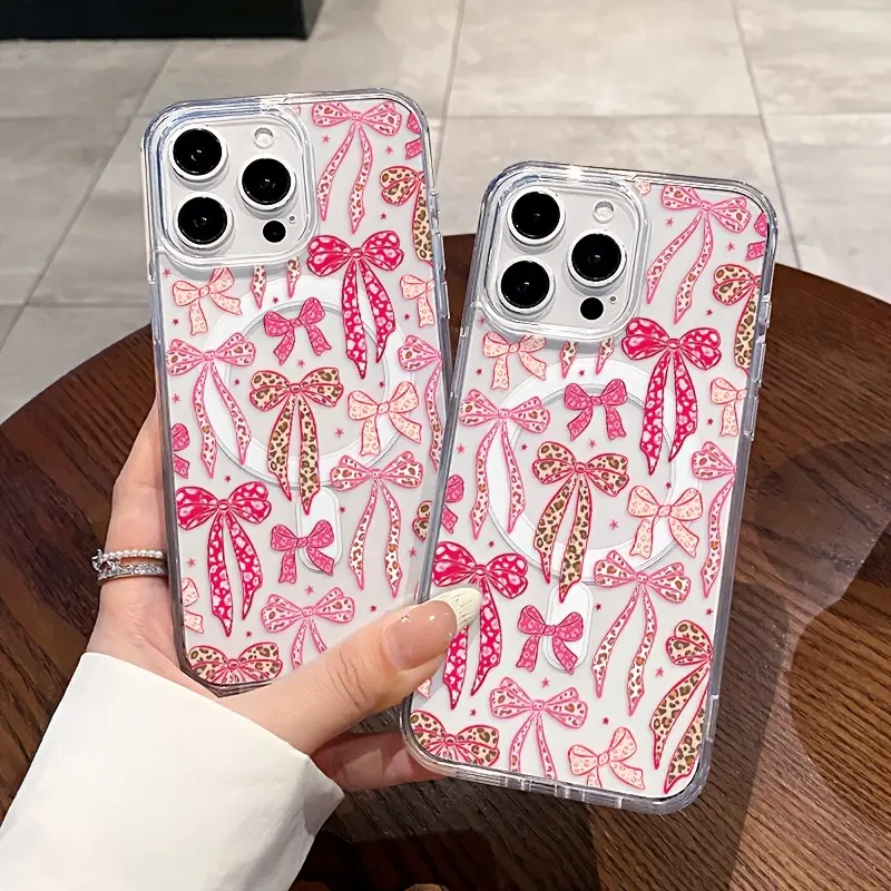 Pink Leopard Print Bow Pattern Large Hole Transparent Acrylic Magnetic Phone Case |     Hard Shell, Wireless Charging, Drop & Scratch Protection |     Compatible with iPhone 17/16/15/14/13/12 Pro Max, X/XS Max &  S22/S23/S24/S25 Ultra/
