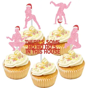 25 Pcs Theres Some Ho Ho Hos in This House Cupcake Topper Pink Funny Christmas Cupcake Toppers Decorations Twerk Food Picks for Christmas Winter Holiday New Year