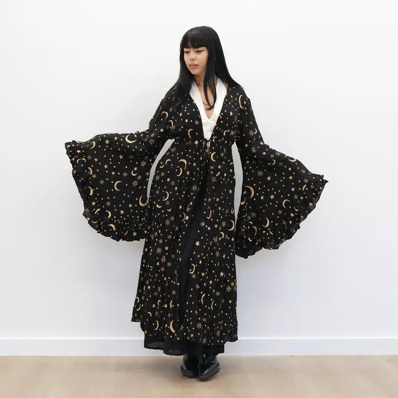 Women's Plant-Viscose Celestial Galaxy Duster Kimono - Lightweight Moon Star Print Maxi Cover Up, Boho Bell Statement Sleeves, Flowy Layering Piece, Adjustable Closure, Side Pockets, Whimsical Witchy Earthy Clothes
